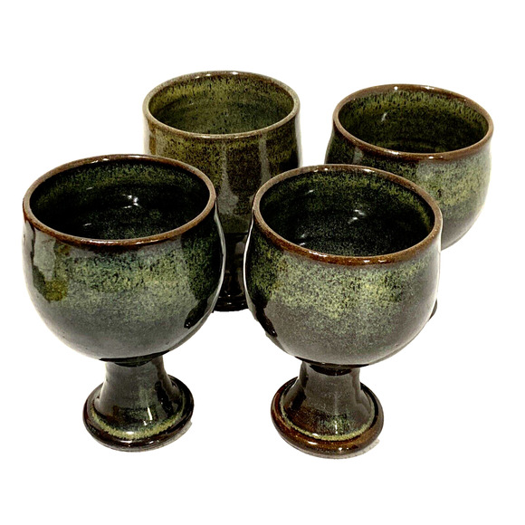 Vintage Jugtown Pottery Glazed Goblets Wine Glasses Green Brown Artisan Handmade - Picture 12 of 12